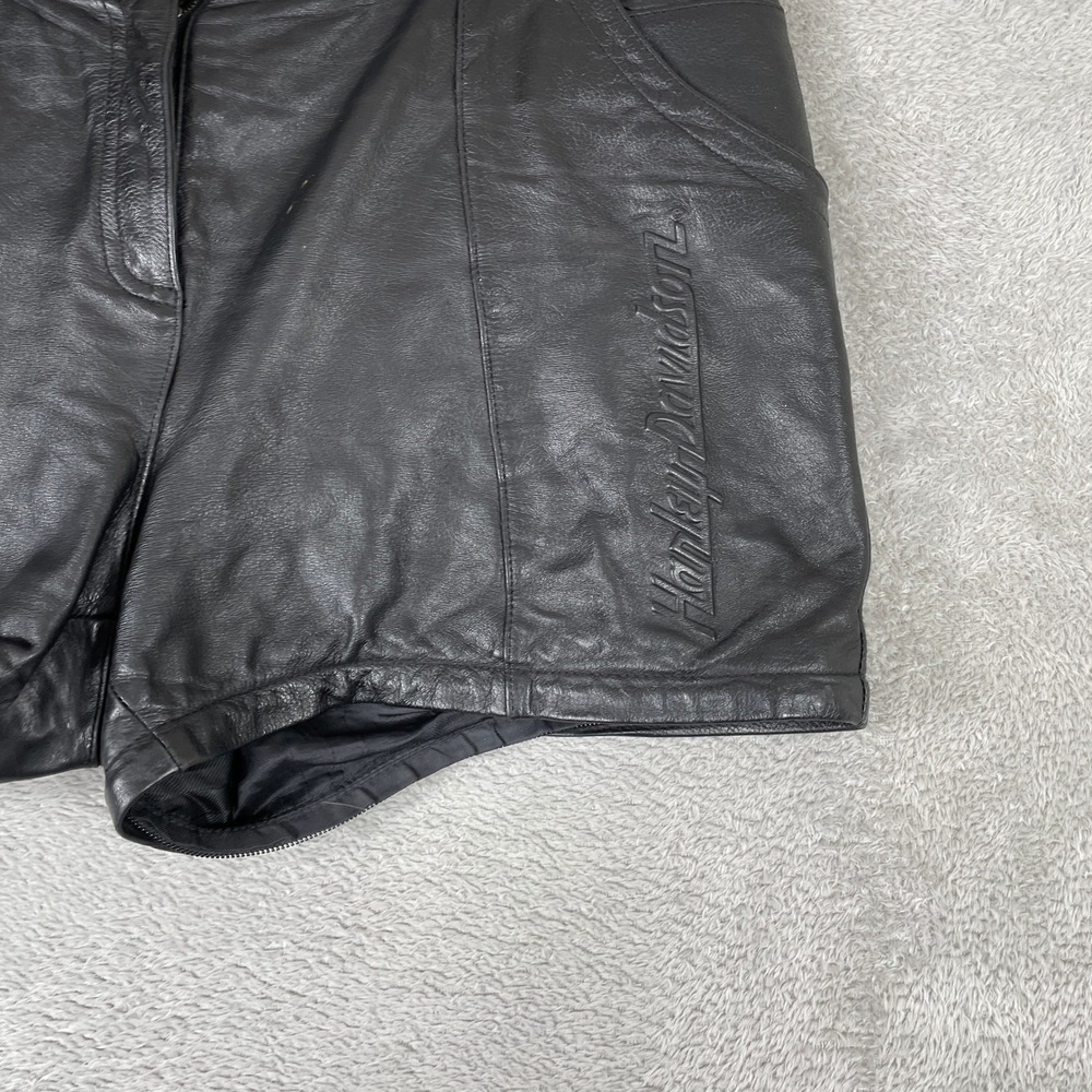 Harley Davidson Leather Shorts Womens 11 Black Embroidered Logo Biker Y2K Retro - Picture 3 of 16